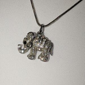 Crystal Elephant Lucky Trunk Up Pendant & Necklace Silver Tone Quality EUC